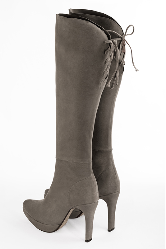 Bronze beige women's knee-high boots, with laces at the back. Tapered toe. Very high slim heel with a platform at the front. Made to measure. Rear view - Florence KOOIJMAN